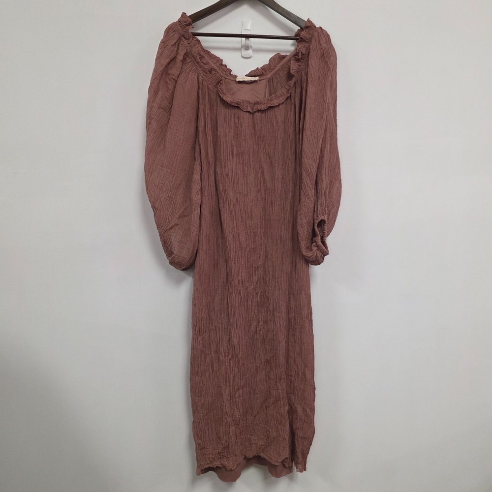 Tory Burch Womens Ruffle‎ Neck Linen Blend Midi Dress Size S Pink Puff Sleeve
